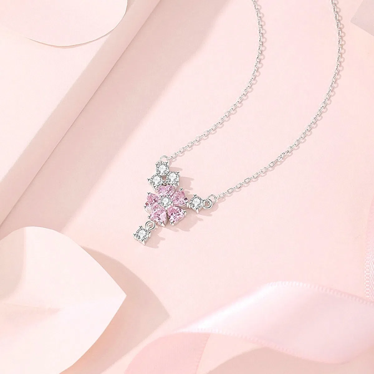 Collar de oro de 9 quilates con zafiro rosa creado en laboratorio y moissanita para mujer, collar de oro blanco para mujer, flores