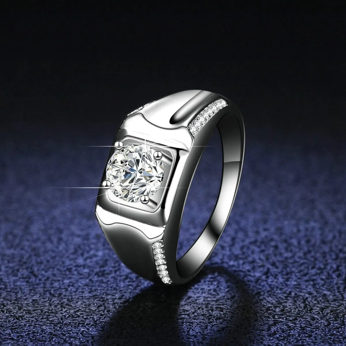 Anillos de compromiso para hombre, de oro blanco de 14 quilates, 4 capas, 1 quilate, redondo, moissanita, plata, talla 52 (16,6)