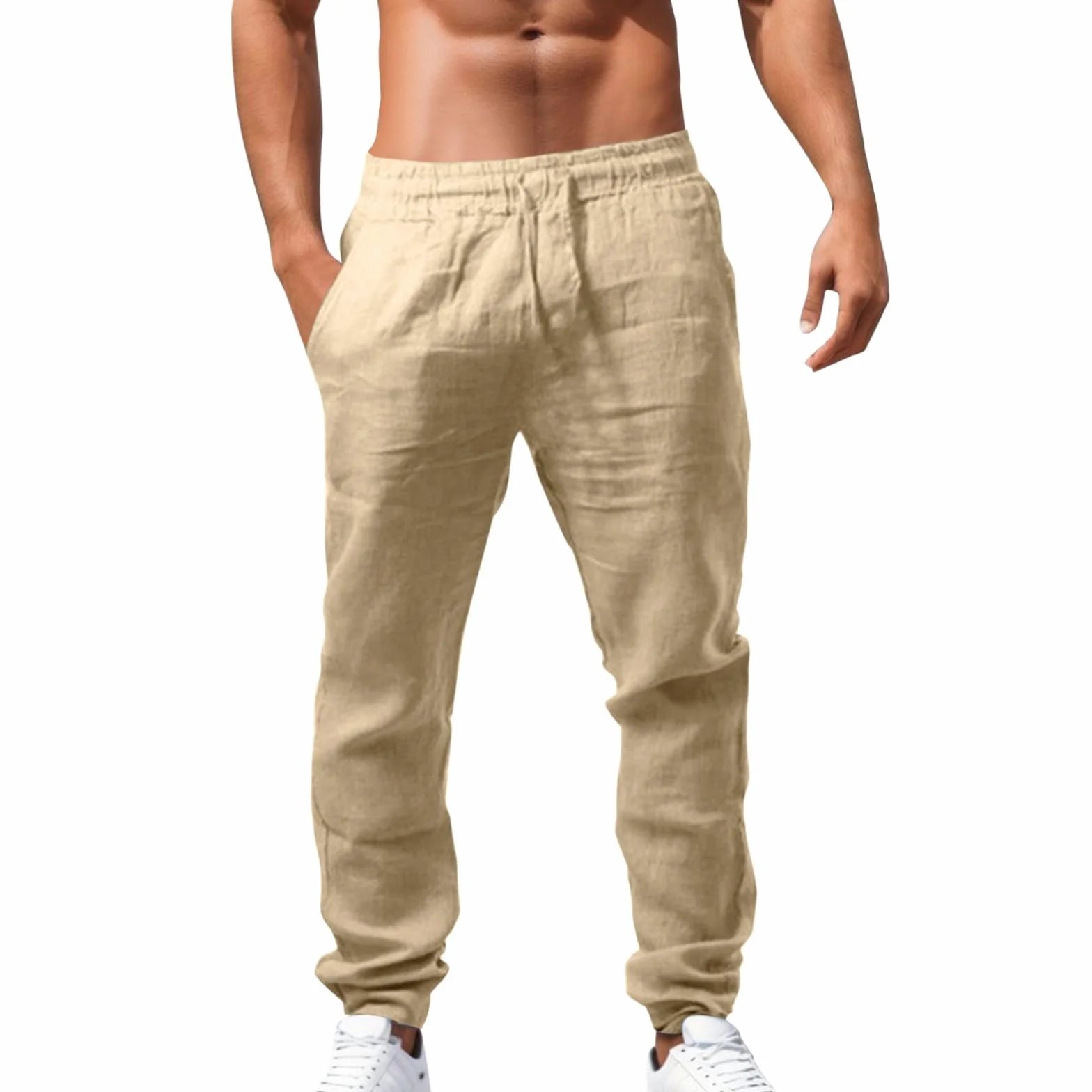 Pantalon Lino Hombre Pantalones Elásticos con Cordones Pantalones de Algodón y Lino Transpirables de Color Liso Pantalones Casual de Verano Pantalones Suaves y Cómodos para Hombre