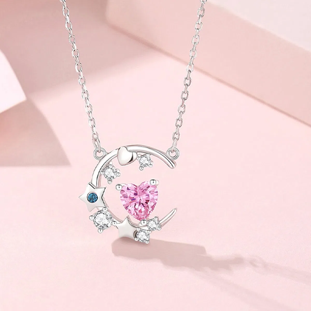 Collar de oro de 9/14/18 quilates para mujer, collar con colgante de estrella de luna con forma de corazón creado zafiro moissanita topacio oro real