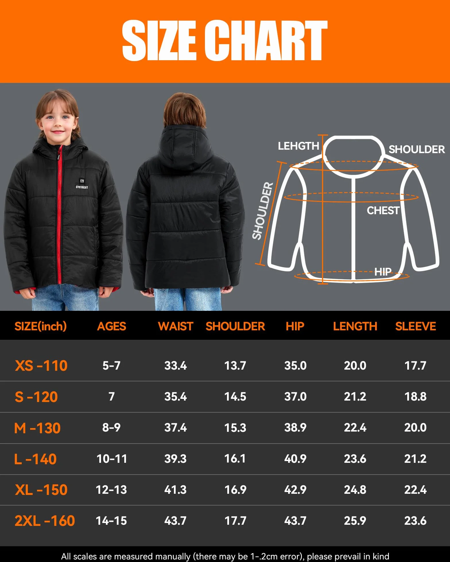 CYCYHEAT Chaqueta térmica para niños y niñas, chaqueta térmica con capucha, calentador de cuerpo con batería, ropa térmica para esquí