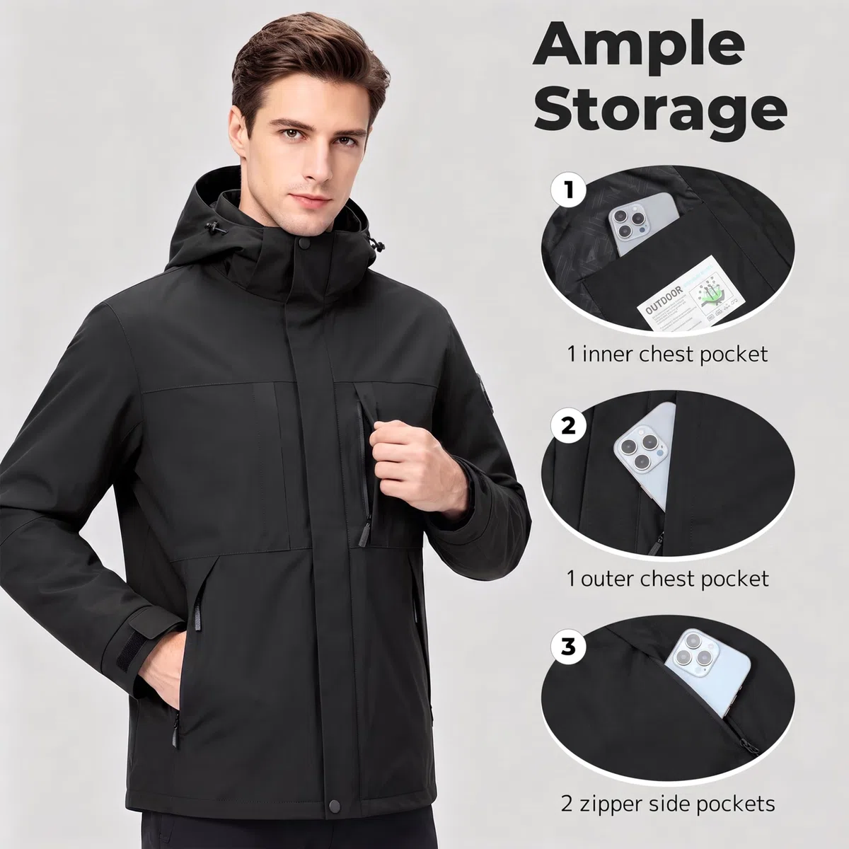 Chaqueta Repelente al Agua Hombre Doble Capa Cortavientos Ligero Abrigo Senderismo Capucha Desmontable