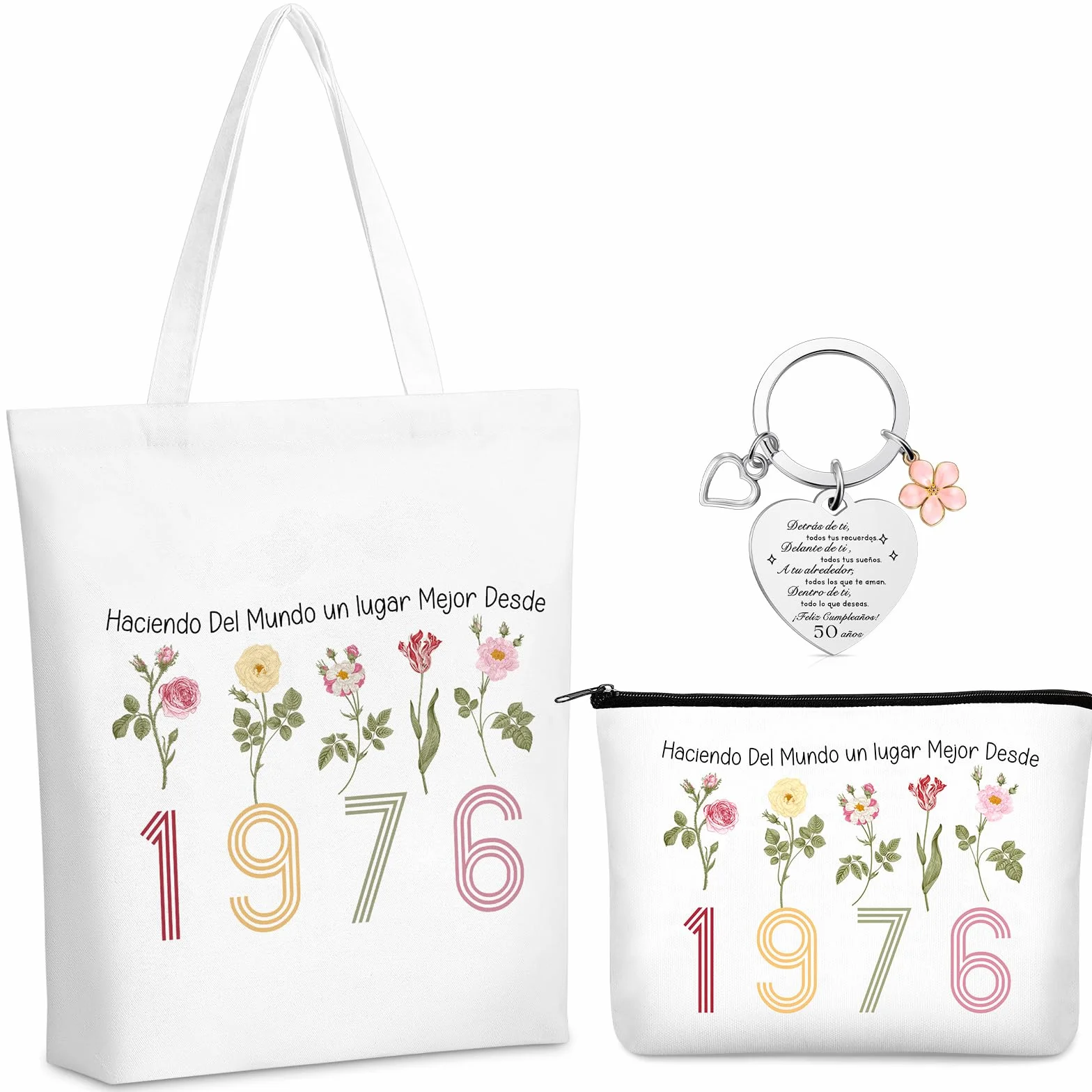 Xuniea Regalo Cumpleaños para Mujer, Bolsa de Maquillaje Arcoíris, Bolsa de Lona, Llavero de Acero Inoxidable, Regalo para Cumpleaños Aniversario Despedida Navidad (50 Años)
