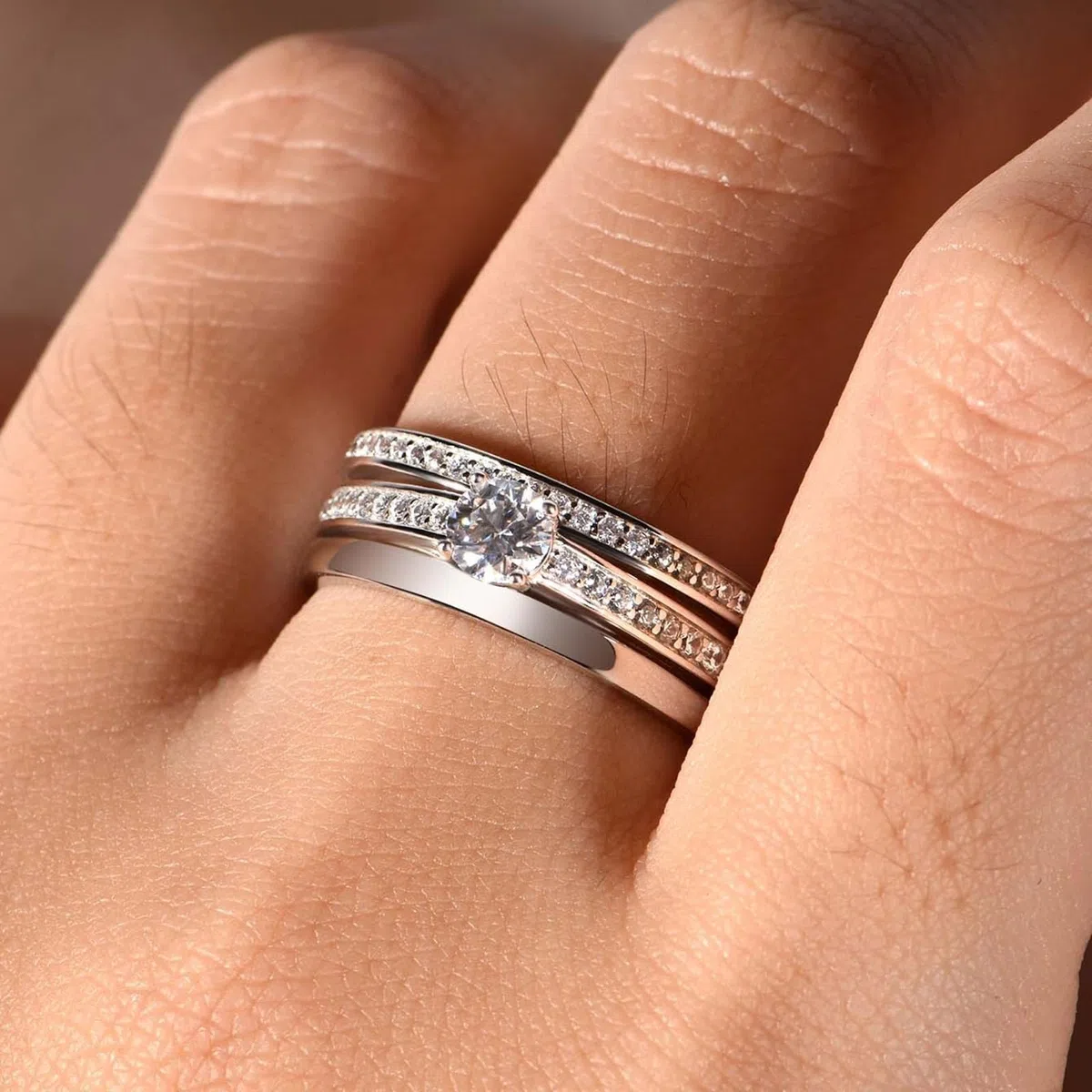 Anillos de oro blanco elegantes, 0,5 ct Moissanite, anillos de compromiso, anillos de boda de oro real para mujer
