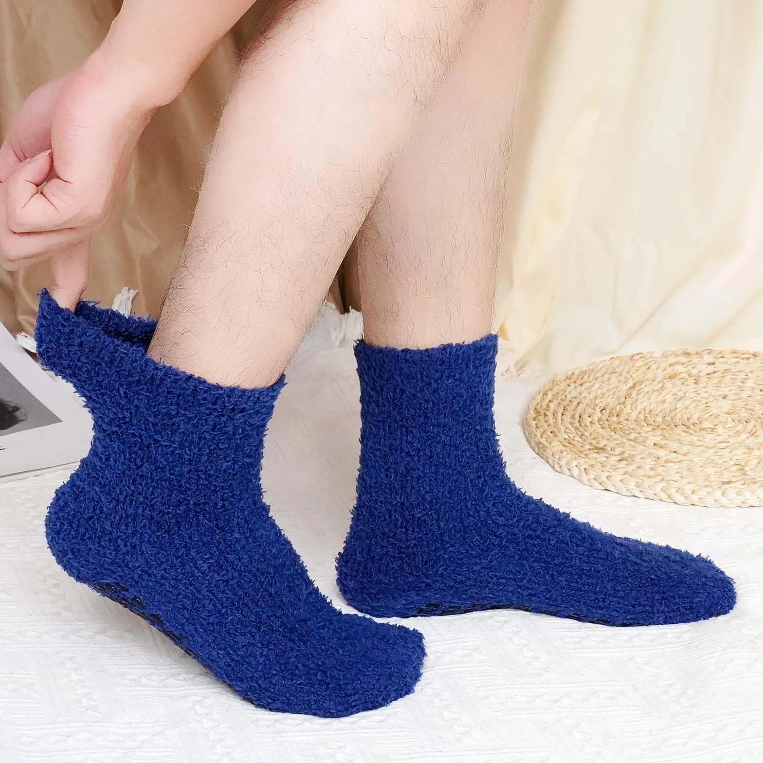 LOFIR Calcetines Invierno Antideslizantes para Hombre: Calcetines Térmicos para Dormir - Calcetines Calentitos y Gordos de Polar Coral Calcetines Suaves y Mullidos con Rayas 36-46 5 Pares