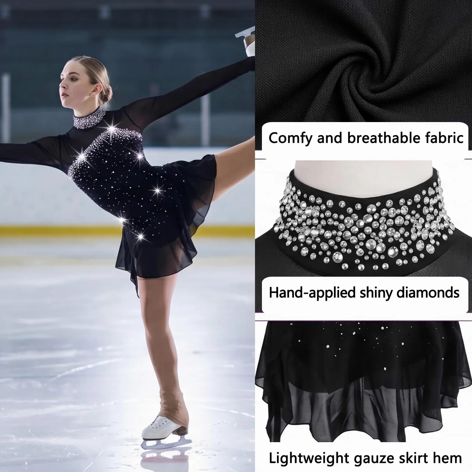 LIUHUO Vestido de patinaje artístico para niñas y mujeres, hecho a mano, con cristales de calidad, manga larga, transpirable