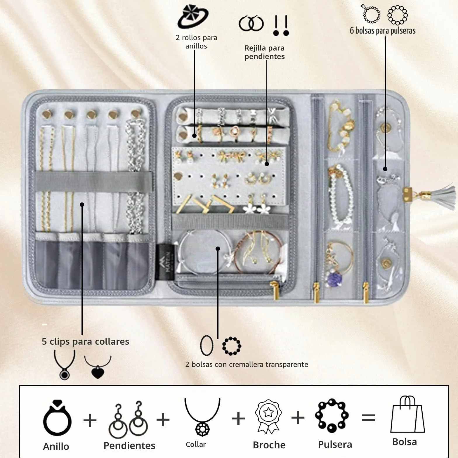 Rollo de Joyería Plegable Portáti Gran Capacidad Bolsa de Rollo de Joyería Portáti Enrollable Suave para Joyería Caja Joyero Portátil para Collares,Pendientes,Anillos, Pulsera,Pendientes Anillos(Gris)
