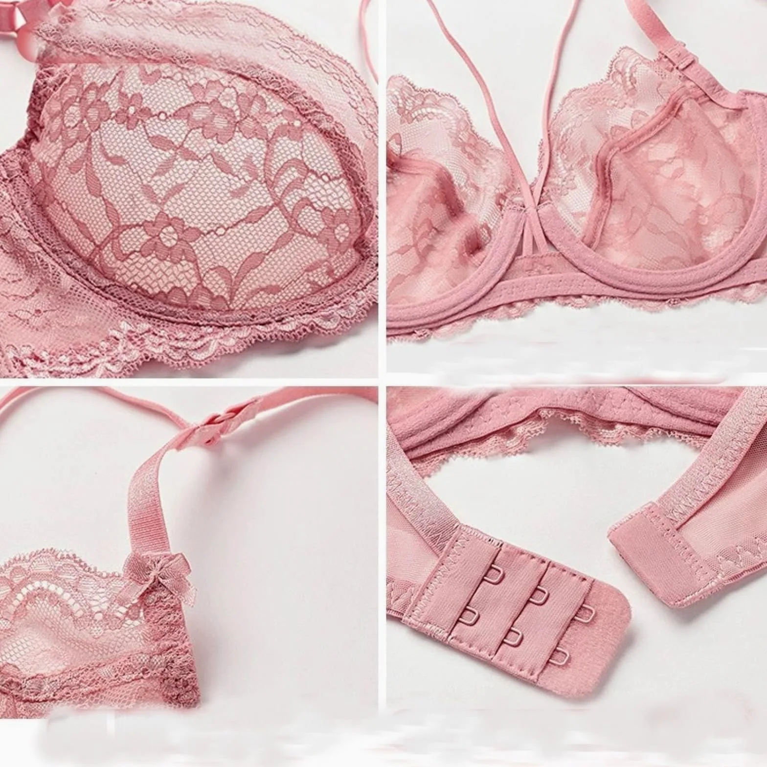 ANTTK - Conjunto de brasier de encaje para mujer, brasier transparente de cobertura completa, brasier push up sin varillas, estilo francés, talla grande, brasier con aros para uso diario