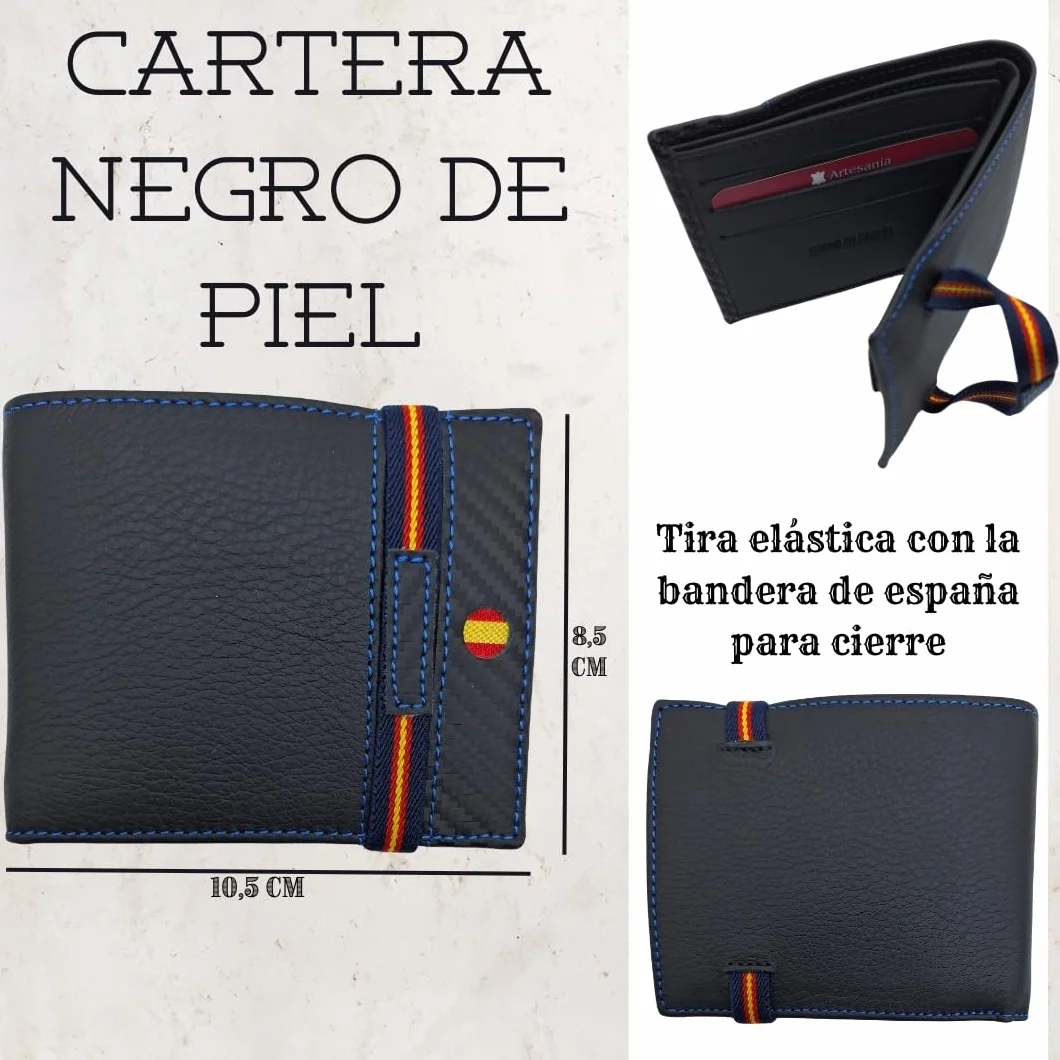 Cartera de Piel para Hombre Hecha artesanalmente en Ubrique Hombres y jóvenes, Incluye Llavero y Pulsera de temática española. (76 Negro Tira Grabado Hilo Azul)