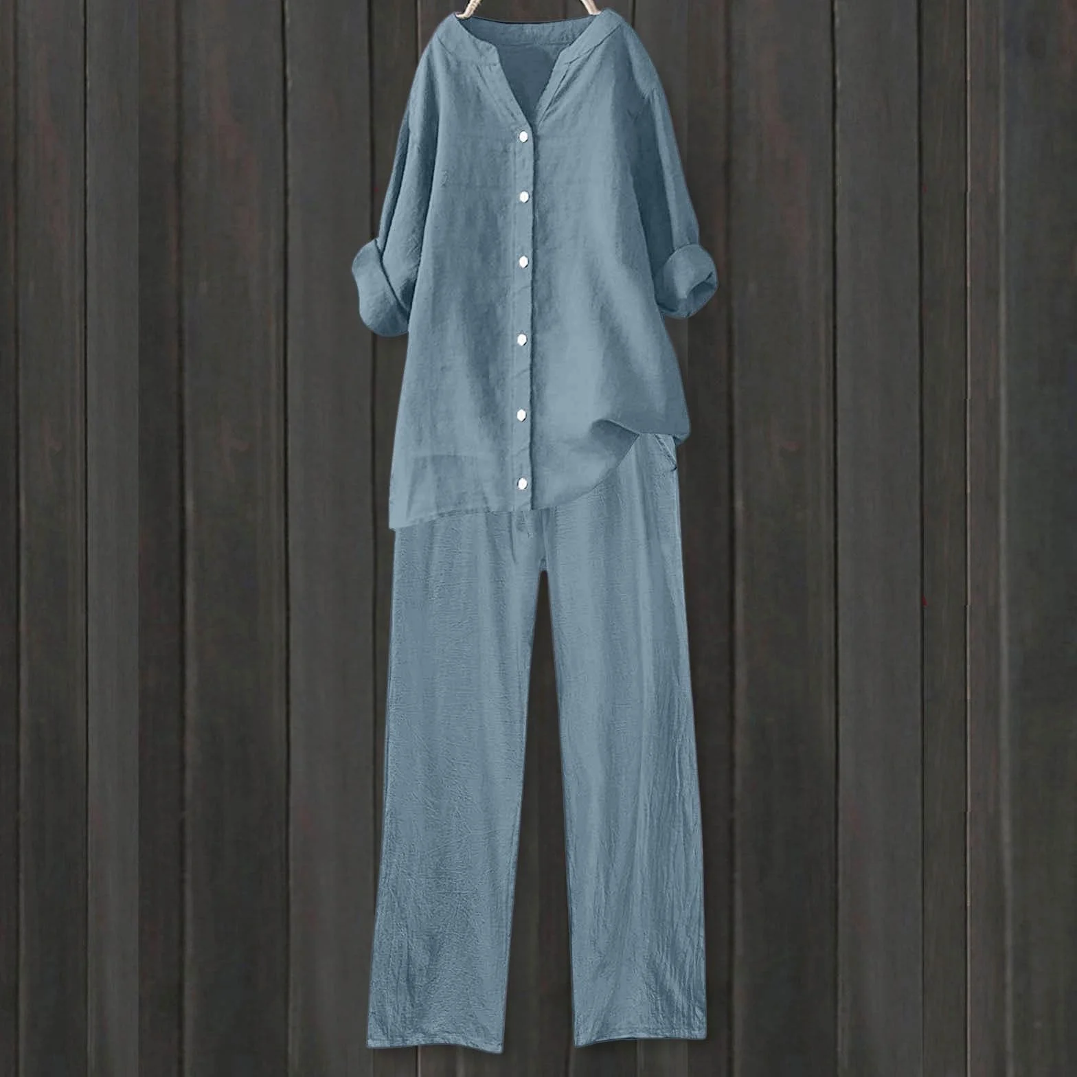 Conjunto Lino Mujer Elegante Dos Piezas Traje de Primavera Camisa Manga Larga con Botones y Pantalones Largo Piernas Anchas Chándal Ropa de Casa Casuale Color Sólido