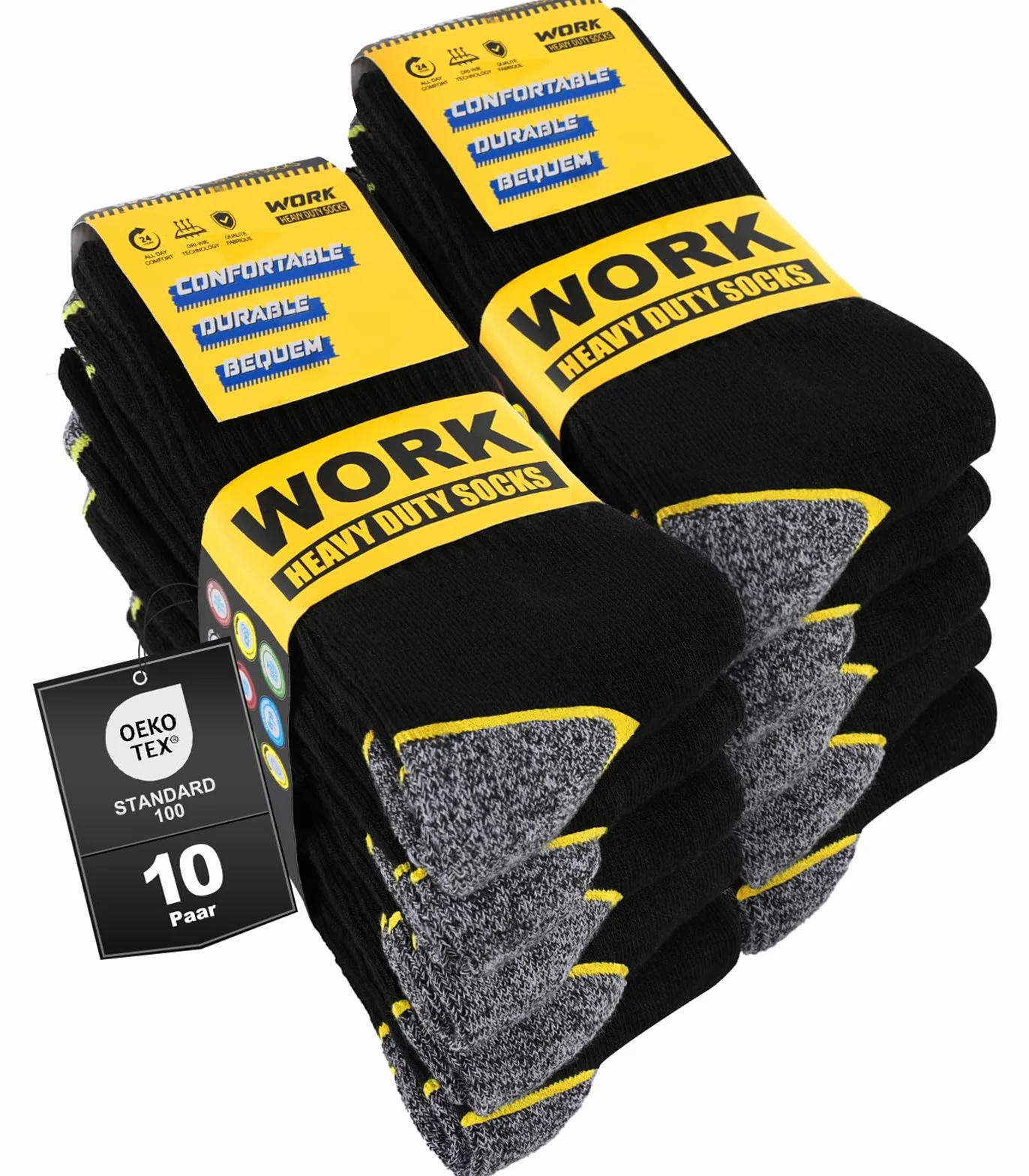 10 Pares Calcetines de Trabajo Hombre, Ideales para Botas, WORK Socks Acolchados y Reforzados, Calcetines Funcionales y Transpirables con puño Cómodo