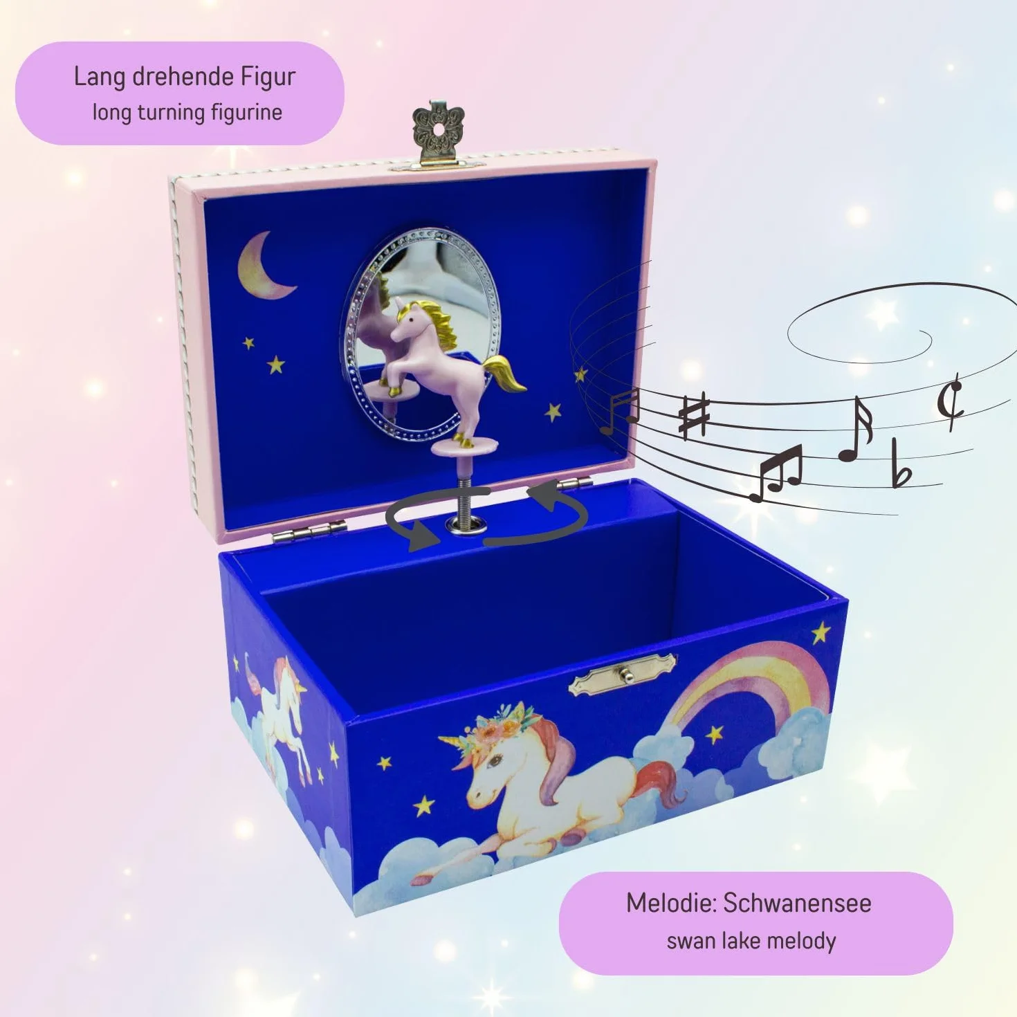 Caja musical joyero unicornio azul para niñas lago de los cisnes