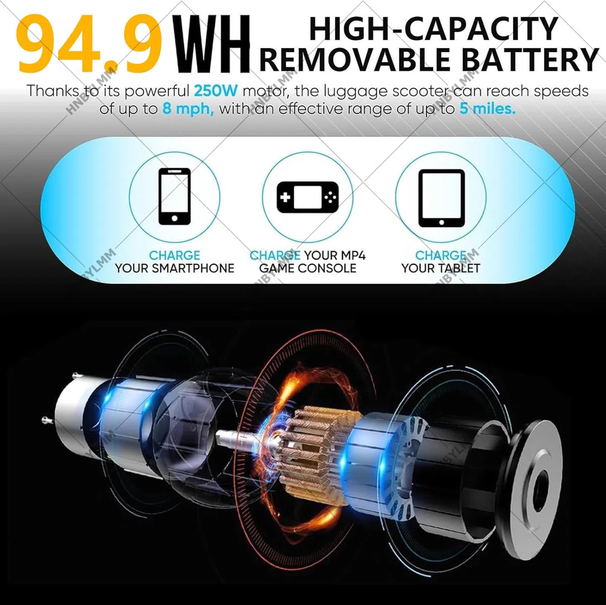 Equipaje eléctrico para montar, maleta de 20 litros con mango telescópico, ajuste de 3 velocidades, batería extraíble, puerto de carga externo, capacidad de carga de 110 kg, apto para viajes, Black, B