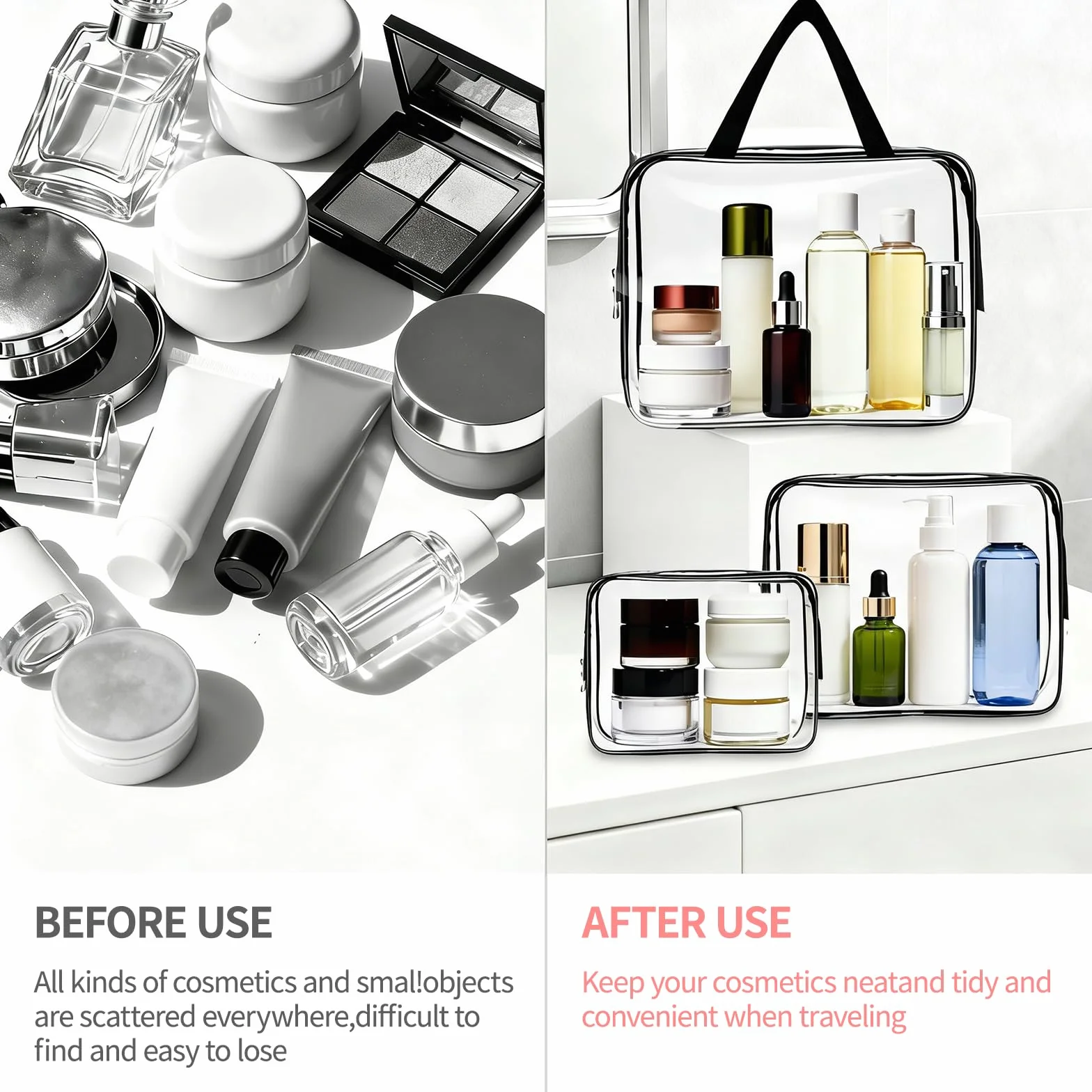 3 PCS Neceser de Aseo, Bolsas Portátil de Maquillaje de PVC, Transparentes Bolsa de Cosmético Organizador Mujer Impermeables, Hombre y Mujer, para Viajes, para Viajes, Almacenamiento, Baño