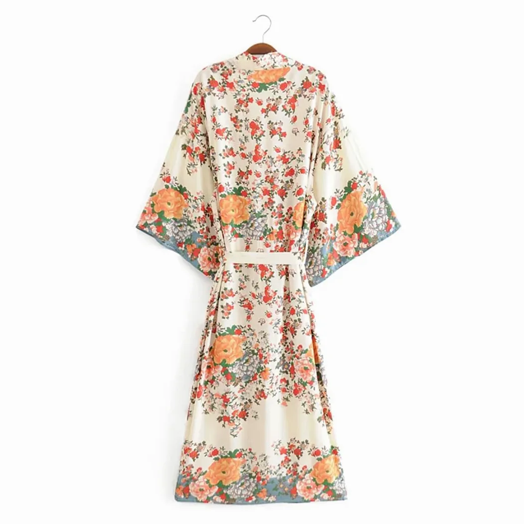 Disimlarl Fajas con estampado floral para mujer, estilo bohemio, con cuello en V, mangas murciélago, maxi bata