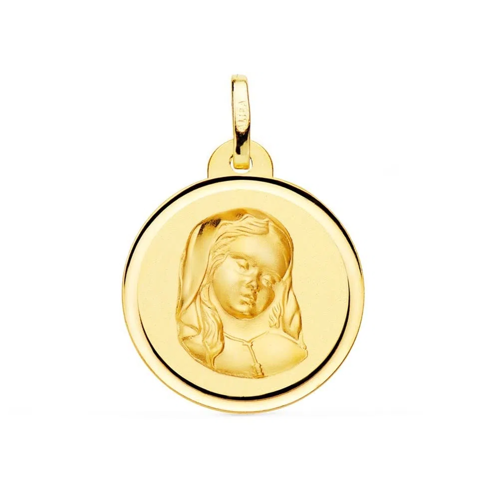 Virgen Niña medalla oro 18k Primera Comunión colgante 16mm. bisel liso