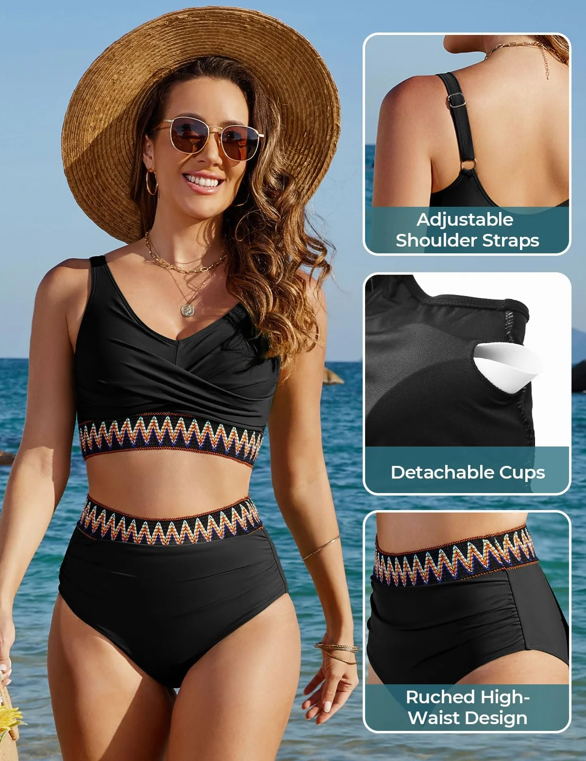 Bikini Set Mujer Cintura Alta Reductor Barriga Push Up con Relleno Traje de Baño Rayas de Colores
