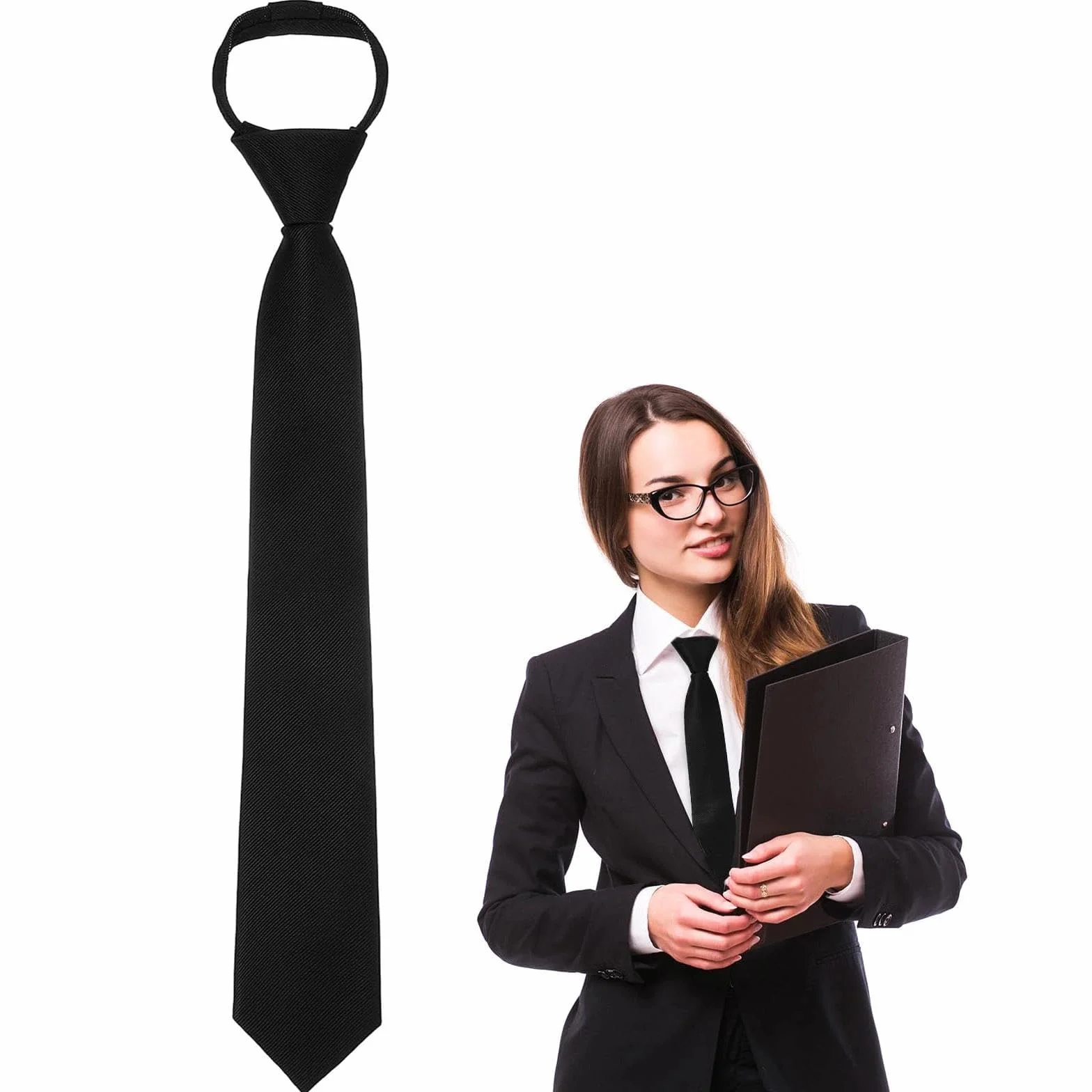 Corbata negra para mujer, corbatas preatadas de 38 cm, ajustables con cremallera, uniforme JK, para graduación y bodas