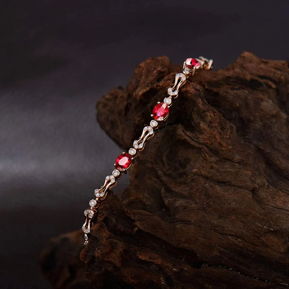 Pulseras Mujer Oro Rosa 9K / 14K / 18K, Oval con Rubí de 2 ct y Diamante de 0,62 ct, Cadena 16 CM, Pulseras Oro Rosa Mujer de