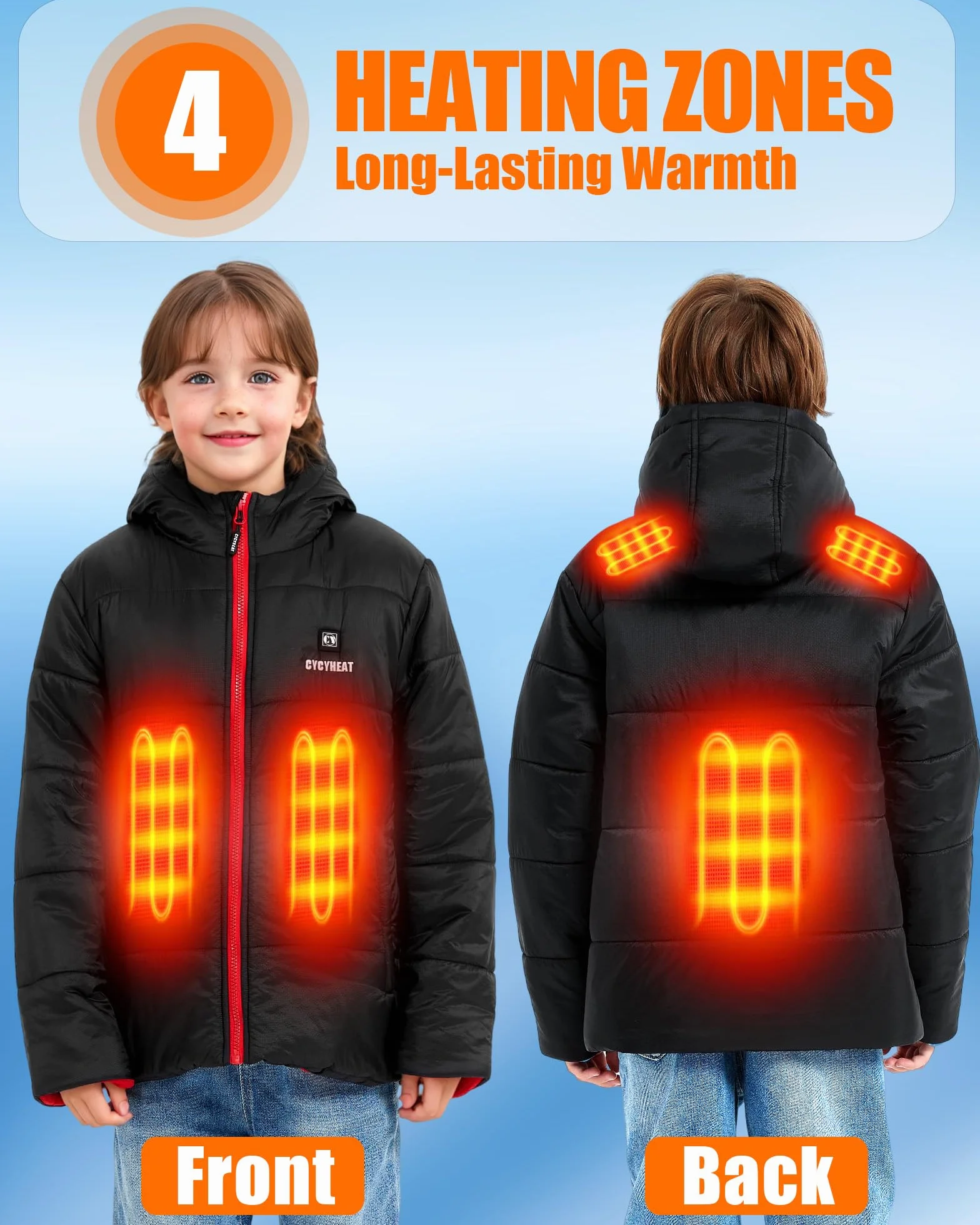CYCYHEAT Chaqueta térmica para niños y niñas, chaqueta térmica con capucha, calentador de cuerpo con batería, ropa térmica para esquí