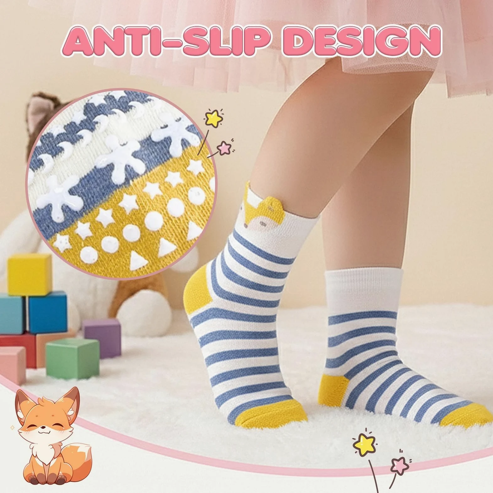 Hellomamma Calcetines antideslizantes de algodón para niños pequeños, calcetines de animales lindos con agarres antideslizantes para niños y niñas