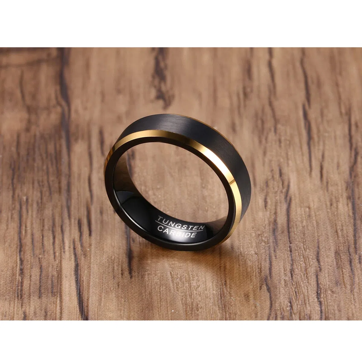 Feng Shui， Juego de Anillos para Parejas Grabados Personalizados, Anillos de Boda de tungsteno para él y Ella, tamaño L 1/2 a Z 1/2, Anillo Cepillado Negro de 6 mm con Borde Dorado
