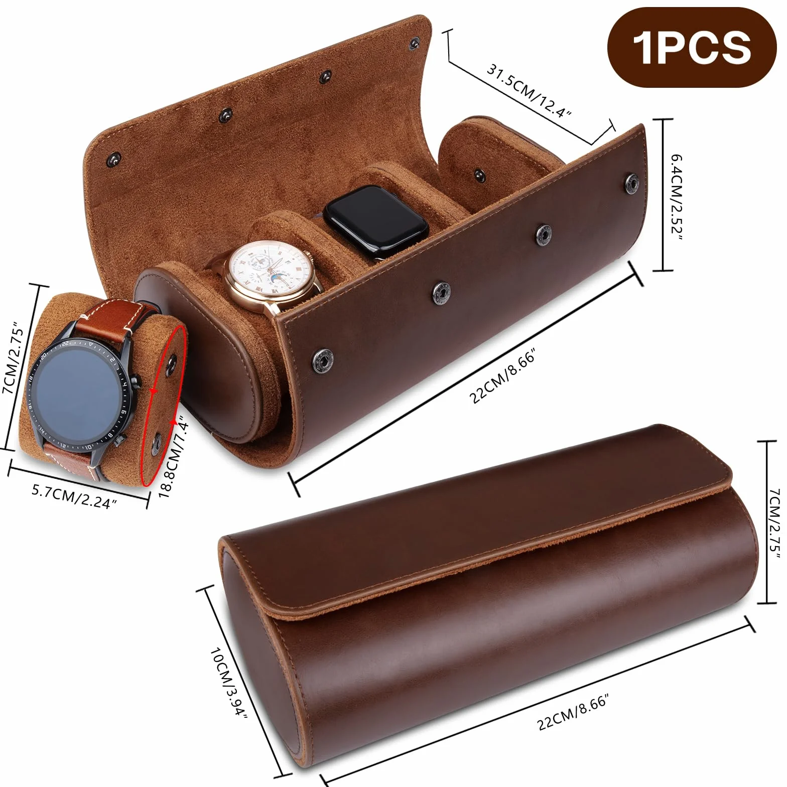 Caja de Reloj cilíndrica con 3 Ranuras, Estuche de viaje para reloj, Caja de Reloj Vintage para Hombres y Mujeres - Versión mejorada Marrón