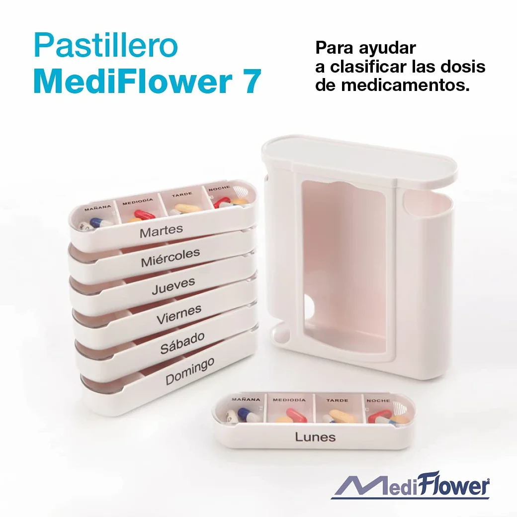 Pastillero de viaje con 7 módulos. Pastillero semanal en español con dispensadores individuales de hasta 4 tomas - 200 g
