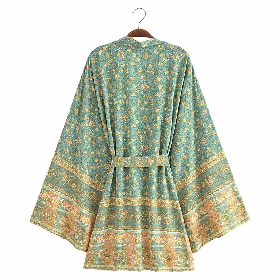 Dninmim Bata estilo kimono de algodón con estampado floral vintage para mujer, de manga larga, para verano, para la playa, estilo bohemio, Como se muestra en la imagen., S