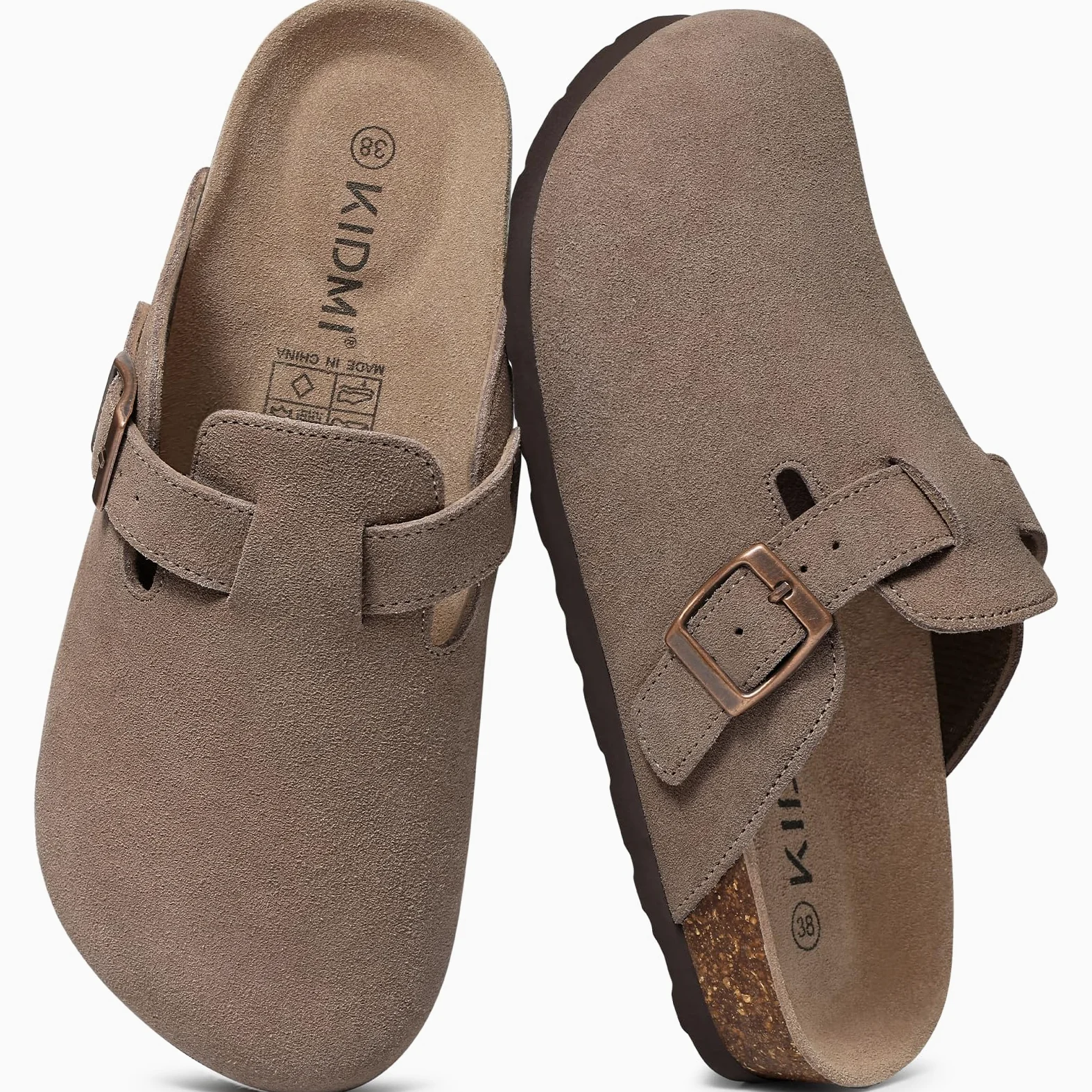 KIDMI Zuecos de gamuza auténtica para mujer, sandalias de piel con plantilla de corcho, zapatos de patata con soporte de arco | Soporte de arco, cómodo, de cuero, sin cordones, para otoño, casual, interior y exterior, suela de goma antideslizante