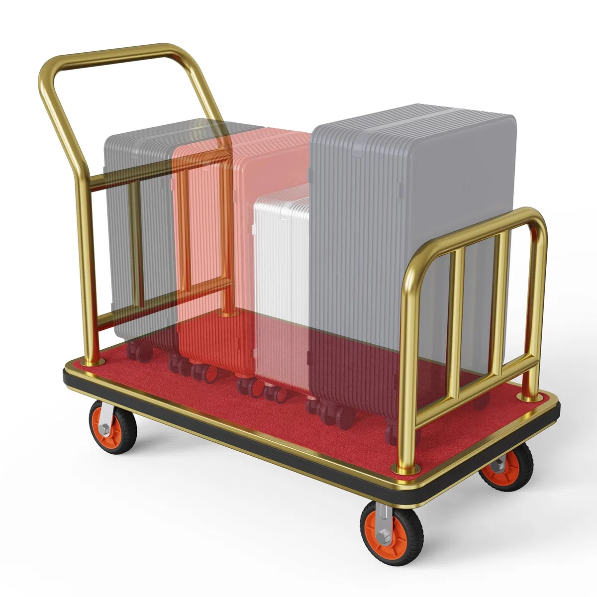 Carrito de equipaje dorado para hotel, carrito Bellman de 42 x 24 pulgadas con barandilla deflectora y capacidad de peso de ruedas de 6 pulgadas de hasta 850 libras, proporciona comodidad al carrito