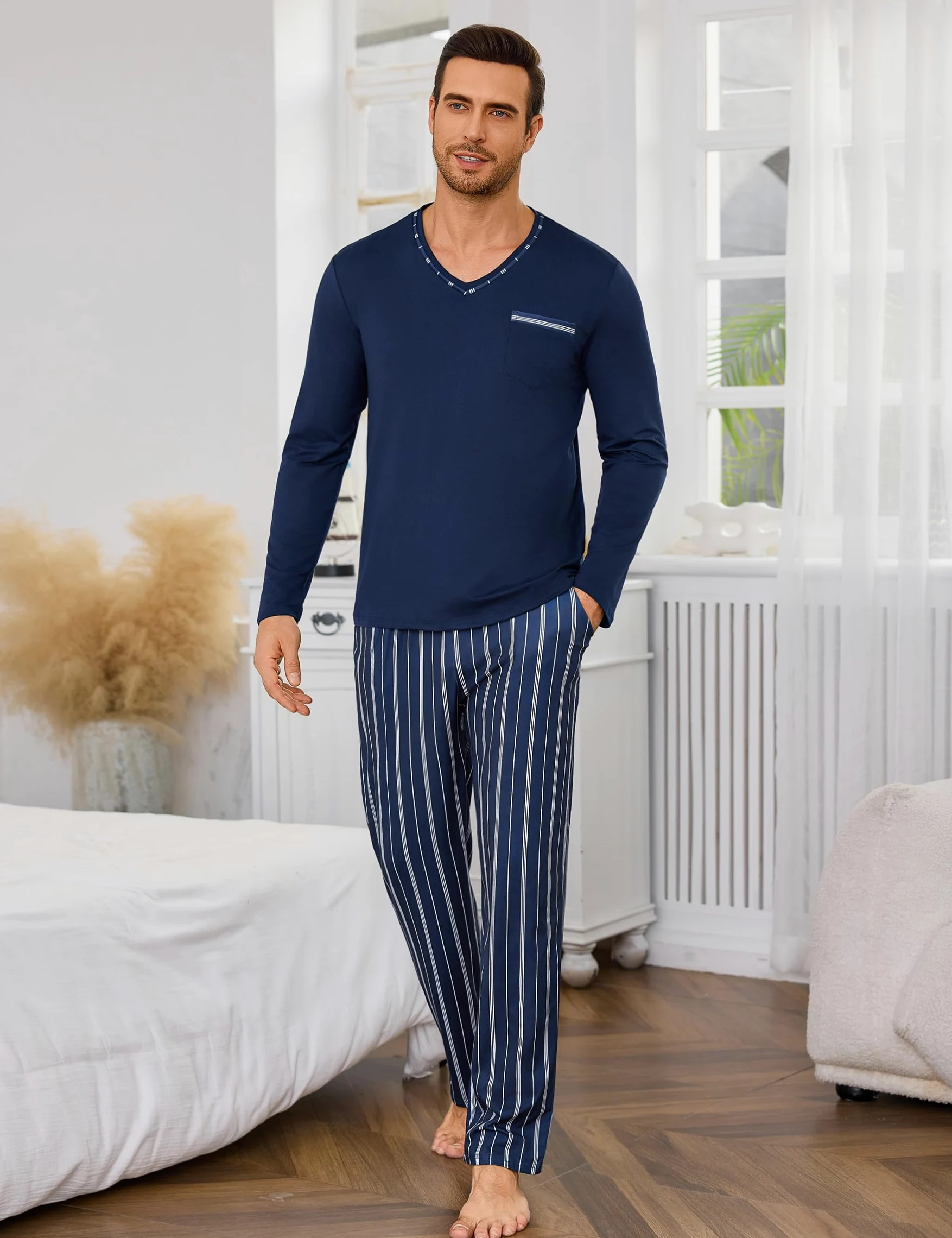 Demegimi Pijamas para Hombre Invierno de Manga Larga Algodón Conjunto de Cuello Redondo Ropa de Dormir 2 Pieza