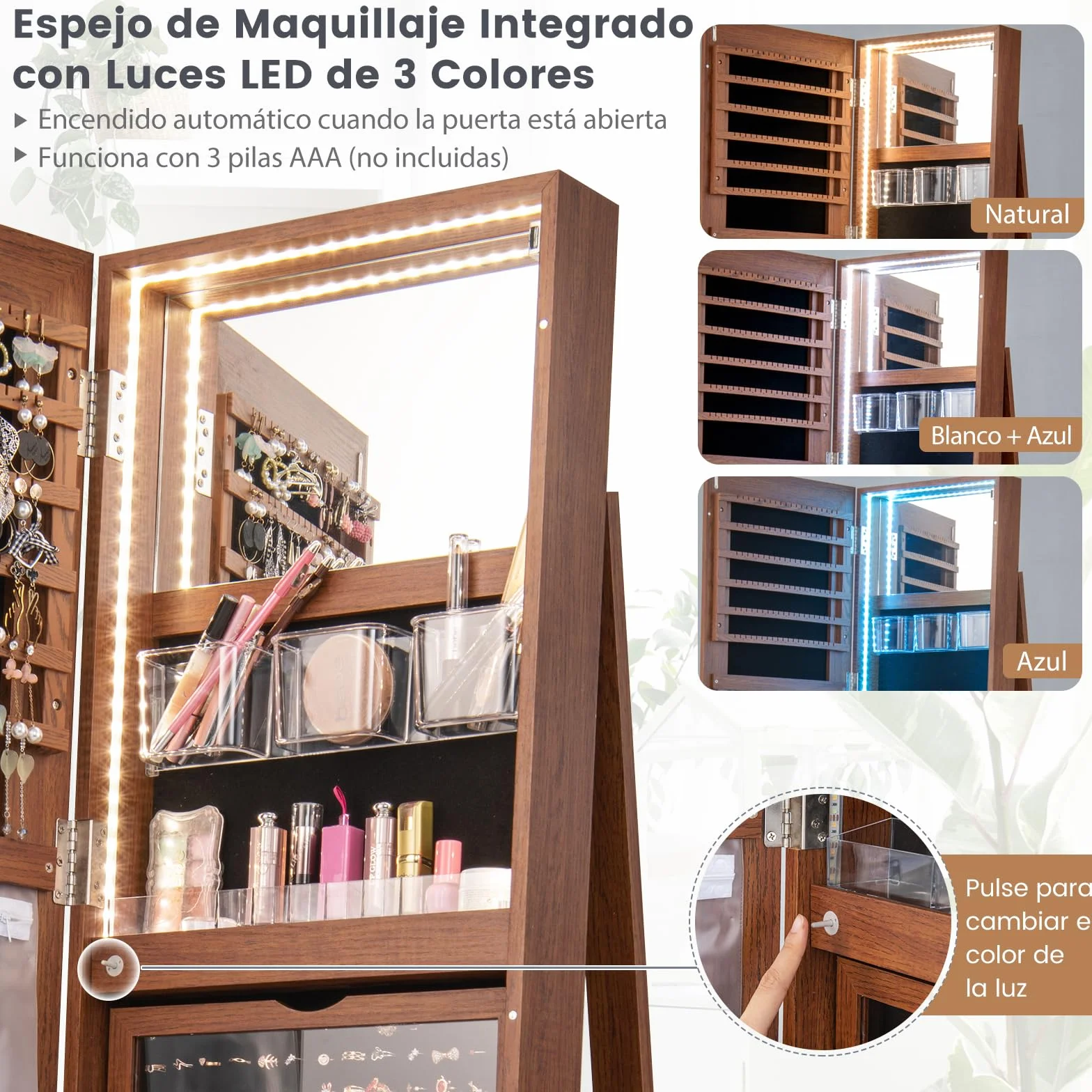 RELAX4LIFE Armario para joyas 3 en 1 con espejo LED giratorio 360° y 3 estantes (marrón)