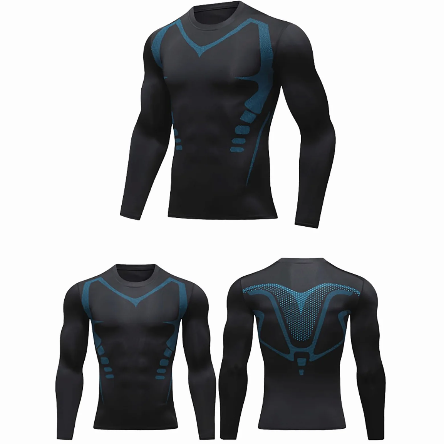 Camiseta de compresión para hombre, corte ajustado, deportiva, elástica, cuello redondo, camiseta funcional, gimnasio, camiseta muscular, de secado rápido, camiseta deportiva de manga larga, camiseta