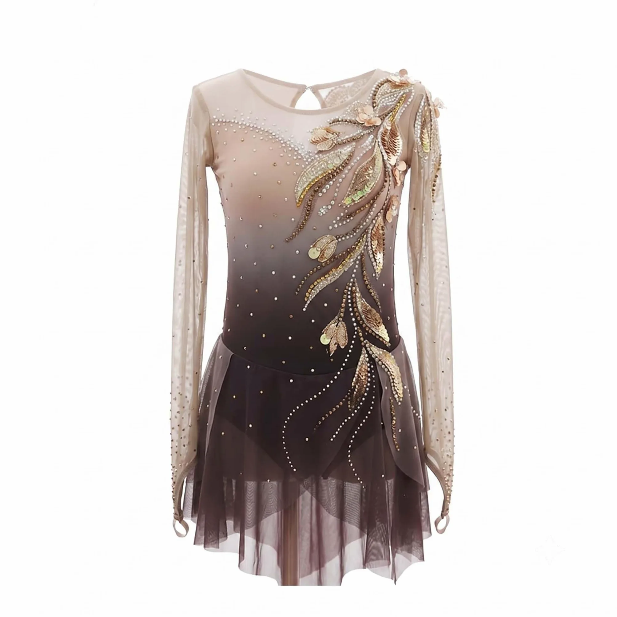 purpleq Vestido de Patinaje Artístico, Leotardo con Bordado de Hoja de Oro y Pedrería Hecha a Mano, Traje Profesional para Competencias de Patinaje sobre Hielo, Danza y Presentaciones