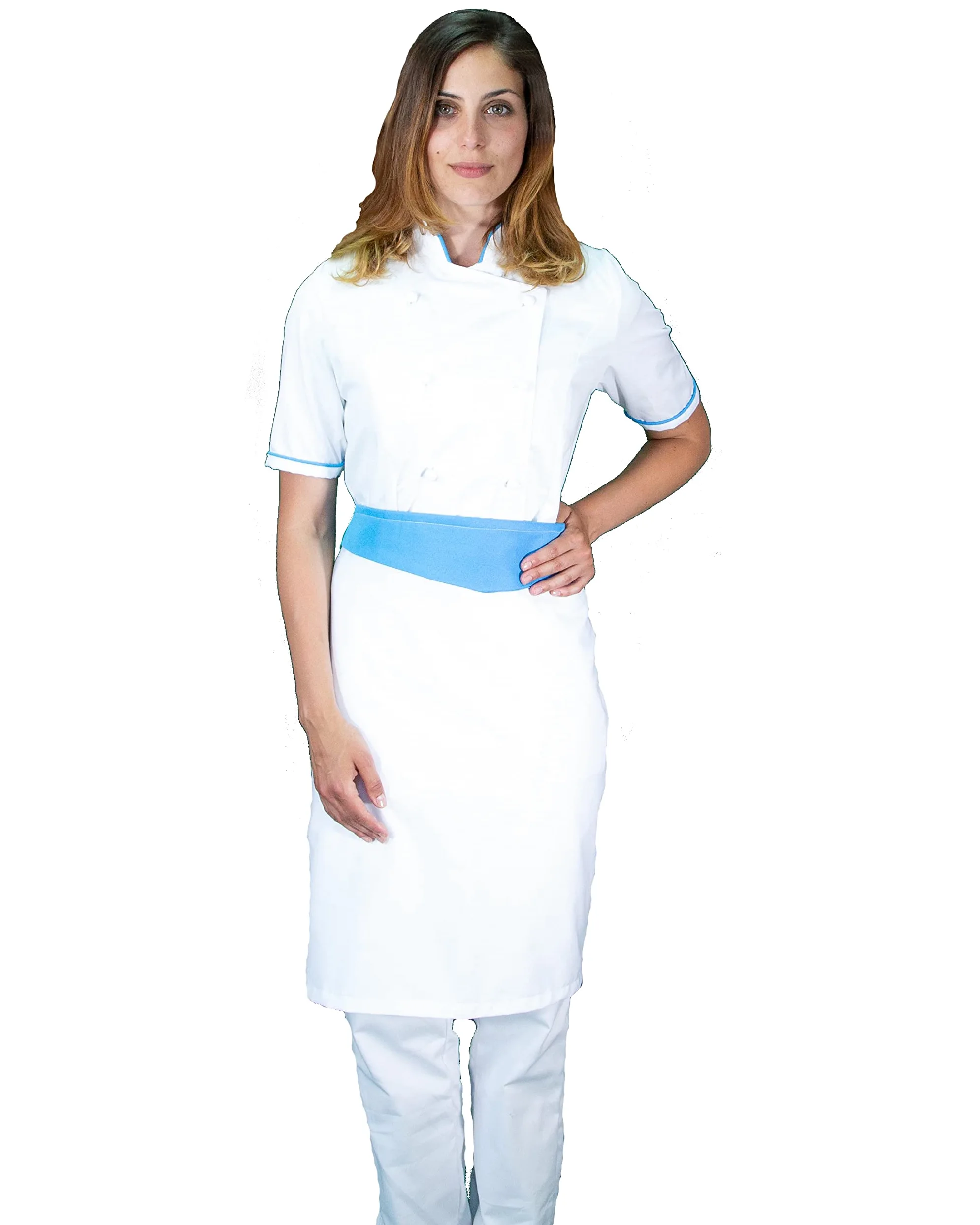 Bordado gratuito – Conjunto de cocinero de mujer blanco y cian – Uniforme Chef personalizable M/C – Chaqueta, pantalones y delantal – Uniforme para cocina y restaurante – Fabricado en