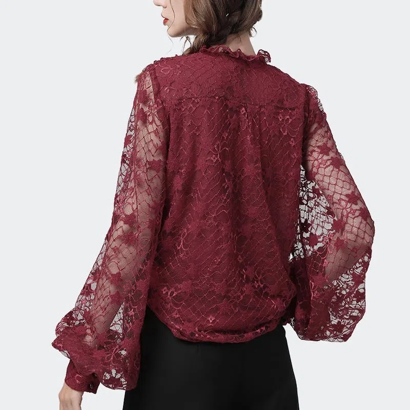 Blusas de Encaje caladas Sexis para Mujer, Blusas holgadas de Talla grande con Mangas abullonadas y Cuello en V, Blusas Informales de Verano para Mujer (Rojo L)