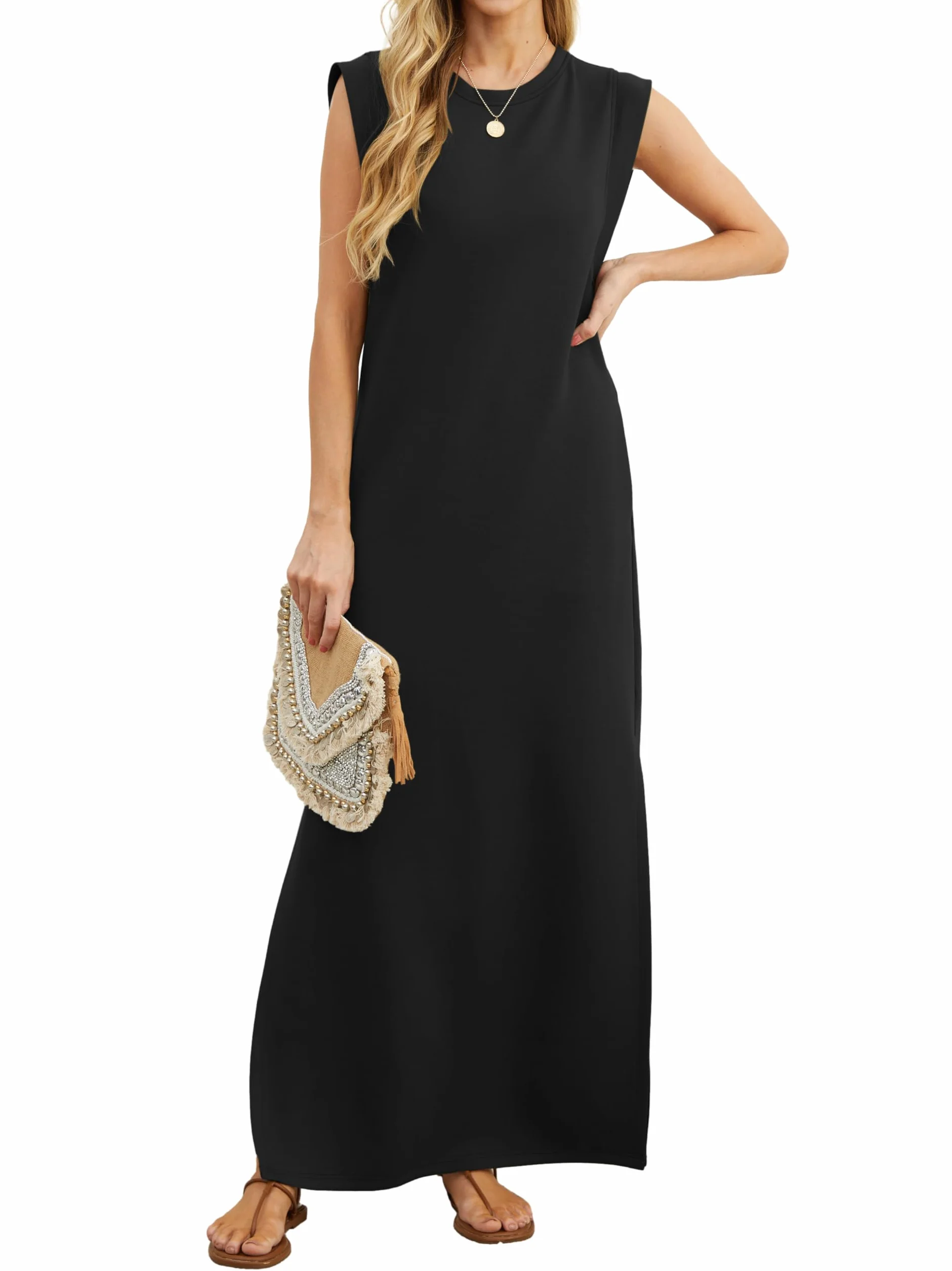 Vestido largo sin mangas para mujer GRECERELLE, estilo camisero informal de verano, con abertura y bolsillos