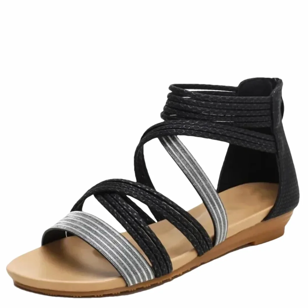 Sandalias de gladiador con cremallera en la espalda y tacón de cuña para mujer, con parte superior de poliuretano, estilo bohemio, para verano
