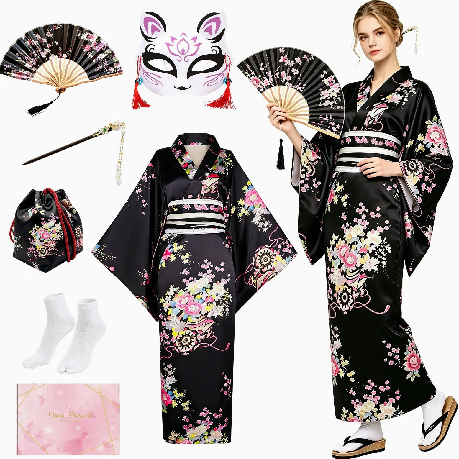 Geisha Yukata Japonés, Robe Kimono Mujer con Horquilla, Abanico Plegable y Bolsa, Albornoz Tradicional Japonés para Cosplay y Carnaval