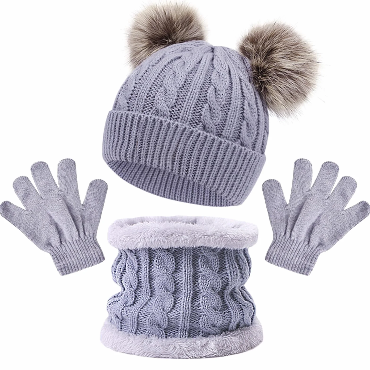 JSTHHTT 3 in 1 Conjunto de Gorro Bufanda y Guantes Niños, Térmico Pompón Beanie Gorro, Sombrero de Punto Invierno Cálido con Pompon, para Niños Niñas 2-4 Años