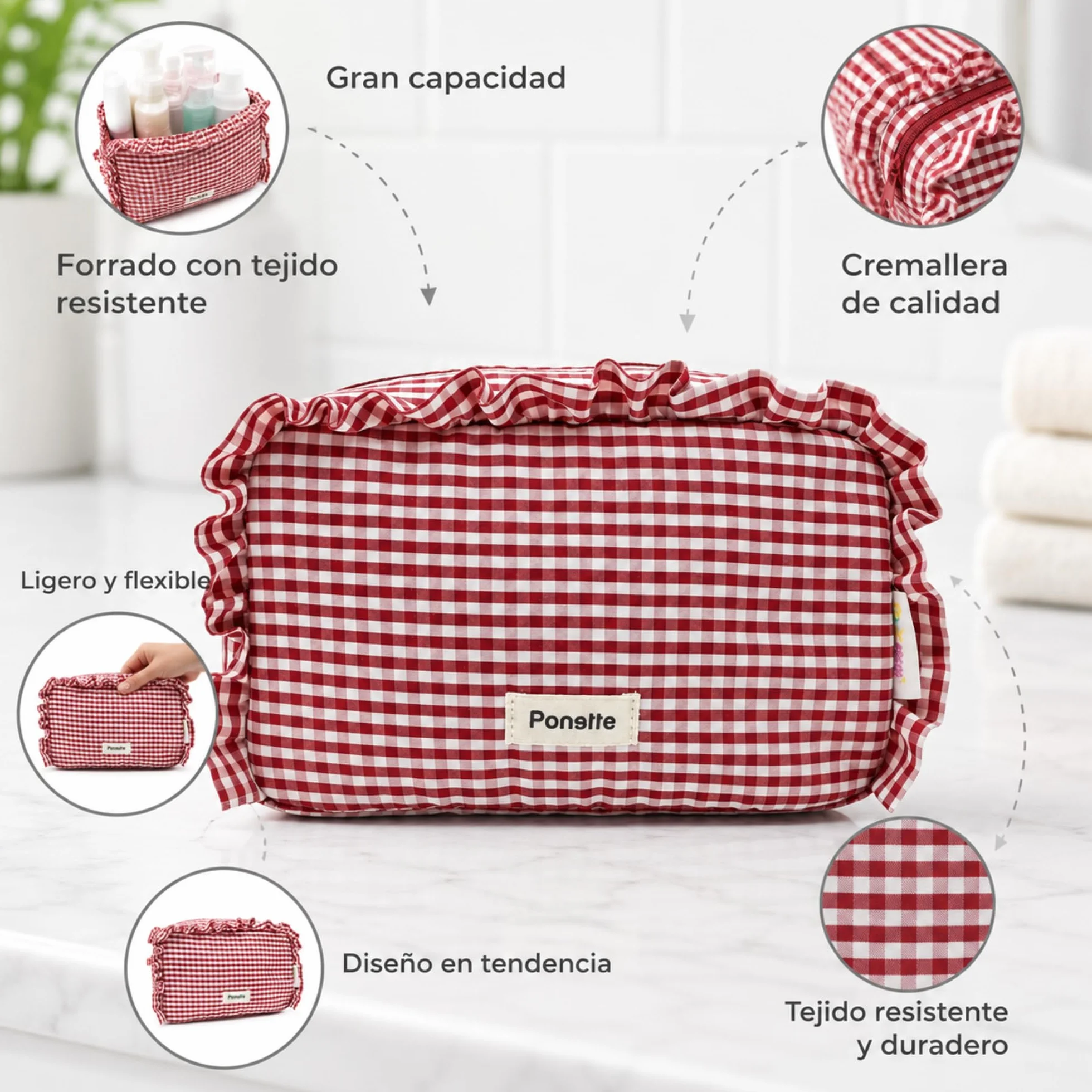 PONETTE - Neceser Mujer A Lo Loco, Vichy Cuadro Rojo, Chica, Estilo, Divertido, Juvenil, Bolsa de Aseo, Viaje, Tocador, Estuche, Marca Española