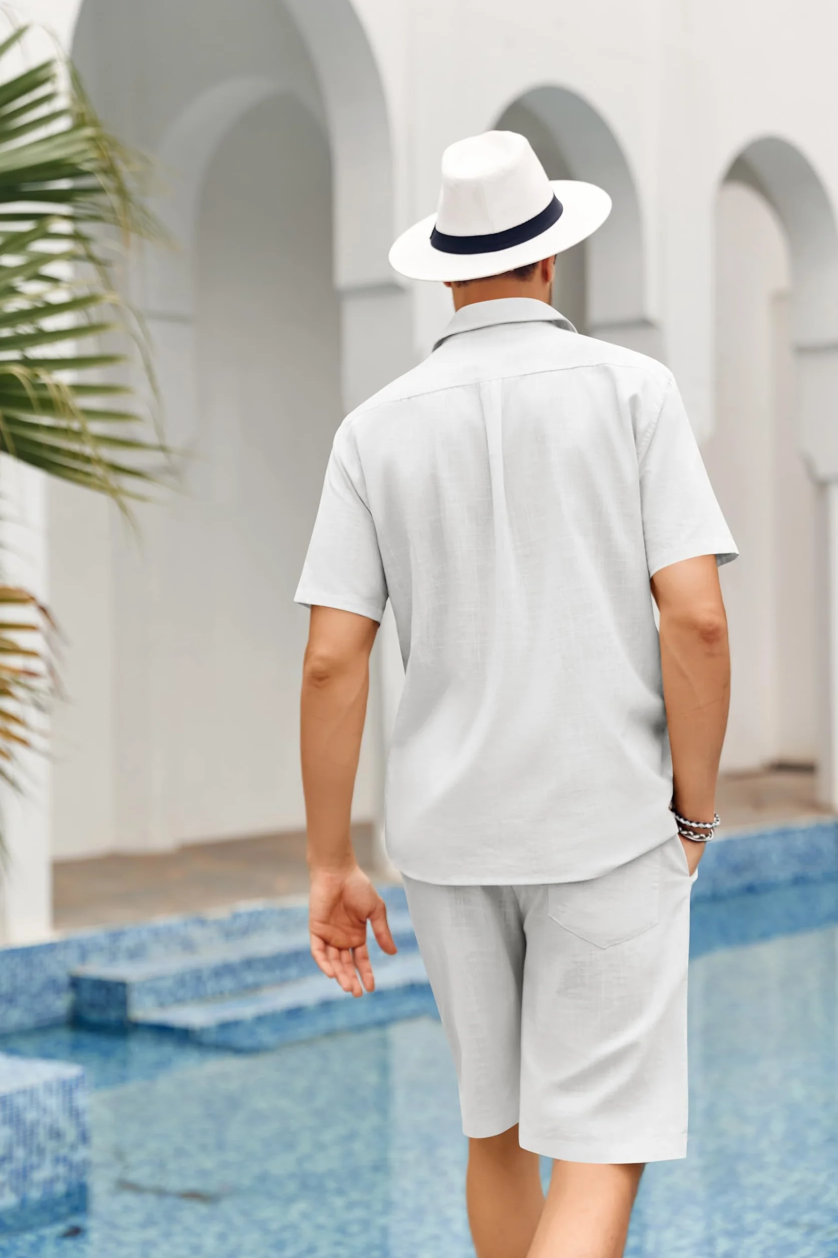 Conjunto de 2 piezas de lino para hombre, corte regular, con botones, camisa de playa y pantalones cortos, ropa de verano de manga