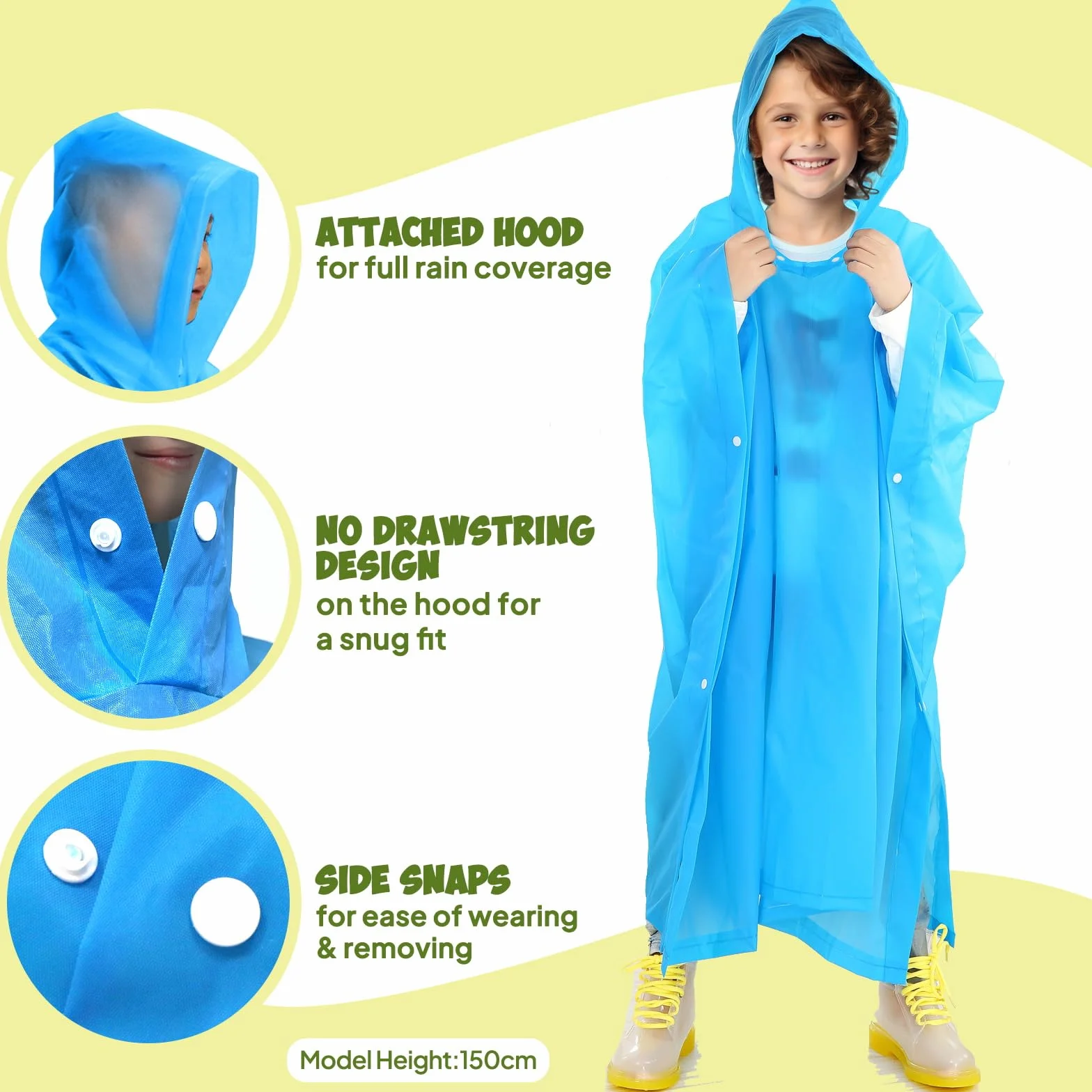 ANYOO Poncho lluvia impermeable niños 2 capas PEVA capucha grande 100-150 cm