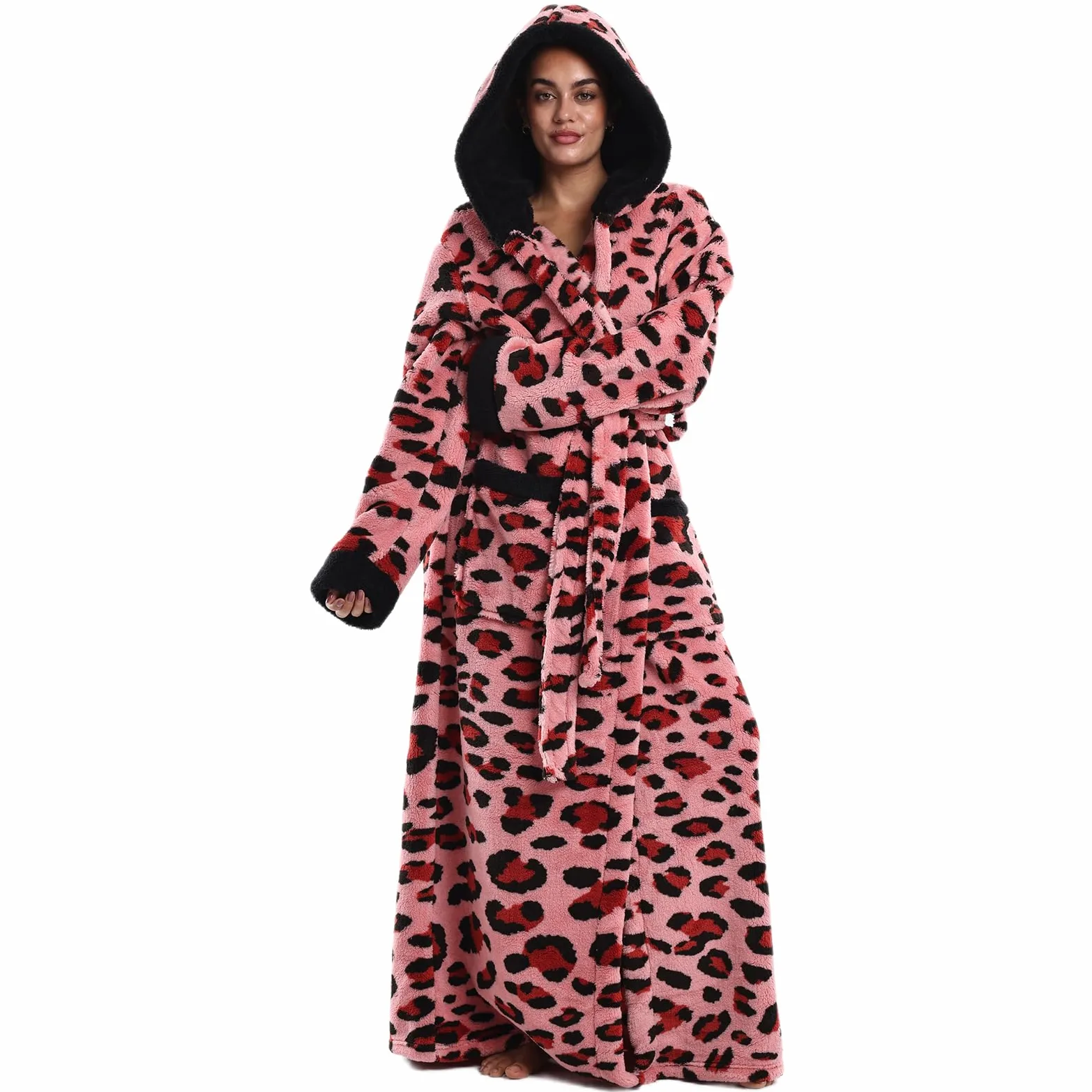 Albornoz Unisex Capucha - Bata Larga de Forro Polar Cálido y Suave, Talla Única con 2 Bolsillos y Cinturón Ajustable, para Baño, Spa, Hogar