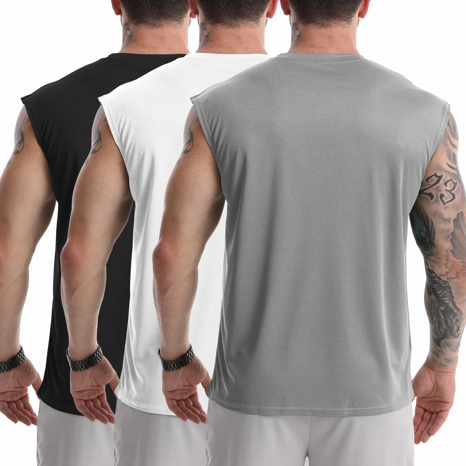 Camisetas sin mangas para hombre, paquete de 3 unidades, material de malla de secado rápido, atlético, correr, gimnasio, playa, fitness