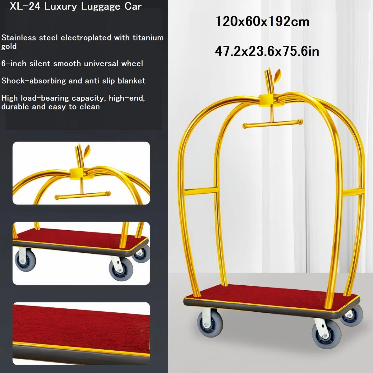 Carrito de Equipaje, Carrito de Servicio de Hotel, Ruedas de Goma de 6 Pulgadas, Dorado, Acero Inoxidable, Apto para Lugares comerciales como hoteles, Apartamentos, Resorts, etc.