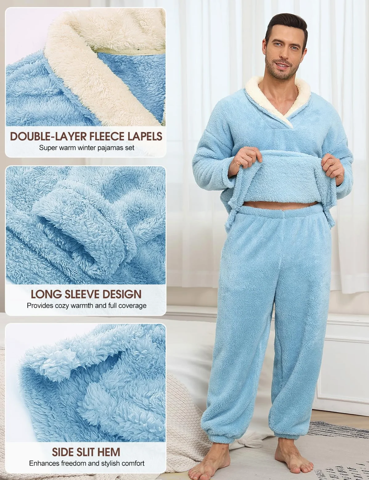 TOMEEK Pijama Hombre Invierno Largo Pijama Cálido Pantalones de Pijamas Hombre Conjunto de 2 Piezas Felpa Ropa de Estar por Casa Regalo