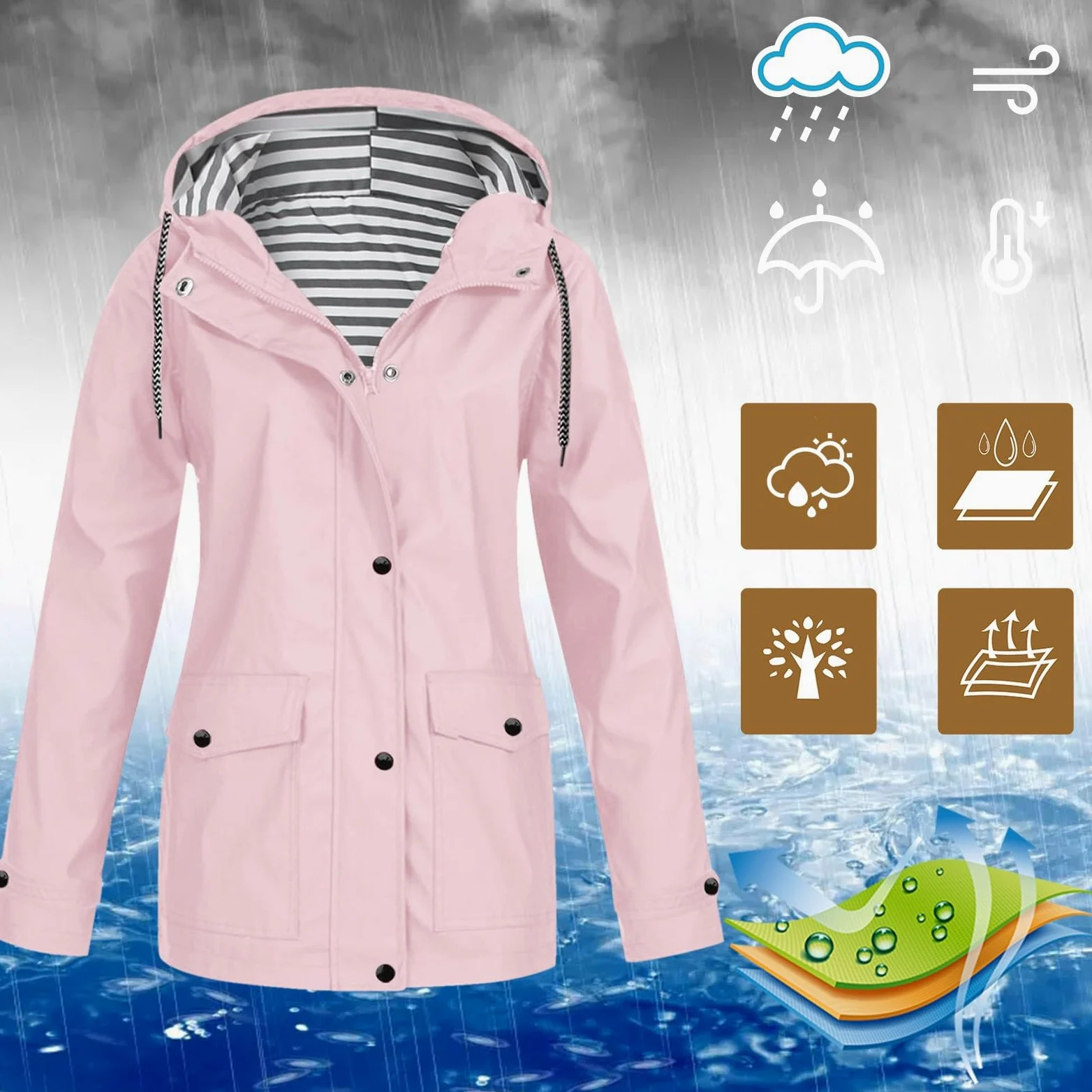 Genérico Cortavientos Impermeable Mujer-Sudadera Con Capucha Para Mujer Abrigo Impermeable Para La Lluvia Bolsillos SóLidos Chaqueta Con Cremallera Entrenamiento Chaqueta De Lluvia A De Al Libre