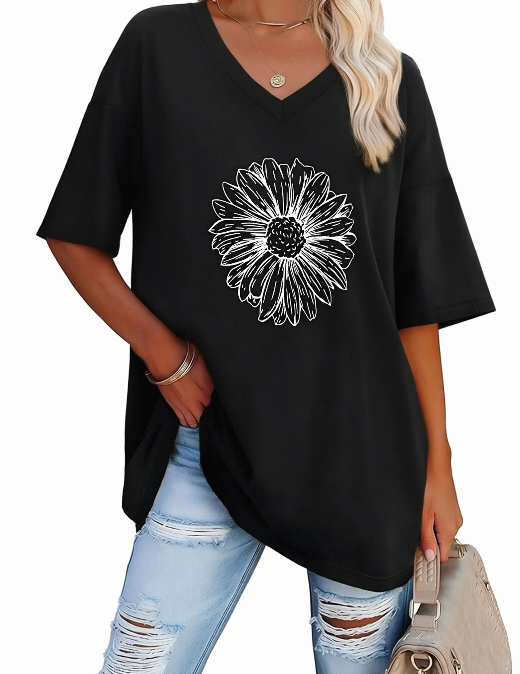 Litherday Camiseta de Mujer Verano Manga Corta con Cuello en V Estampada Top Suelto Casual para Uso Diario